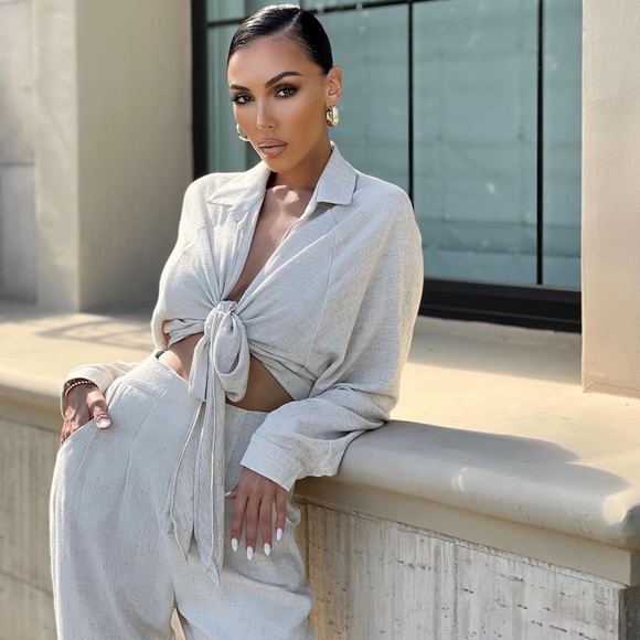 JLUXLABEL Soho Linen Slip my mind tie front Blouse in baby Pink size Large - Picture 2 of 7